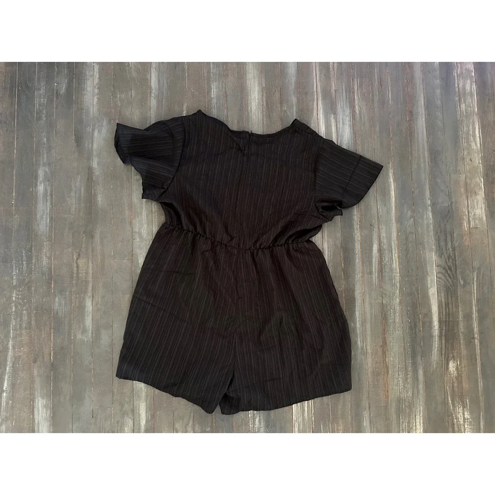 SHEIN Women Black Plisse V-Neck Flutter Sleeve Tie Waist Romper
